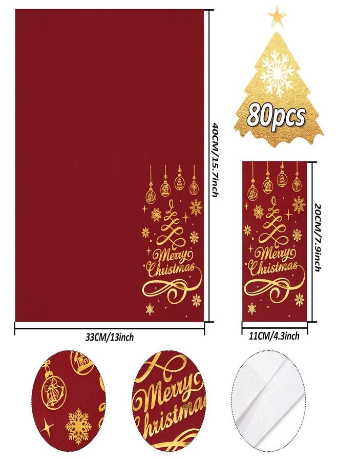 وولاين منديل ورقي للضيوف من والين، بتصميم "عيد ميلاد سعيد"، أحمر وذهبي لامع، ثلاث طبقات، للاستخدام مرة واحدة، مزين بشجرة عيد الميلاد، مناسب لحفلات الشتاء، لتزيين الطاولة، 80 قطعة - Image 2